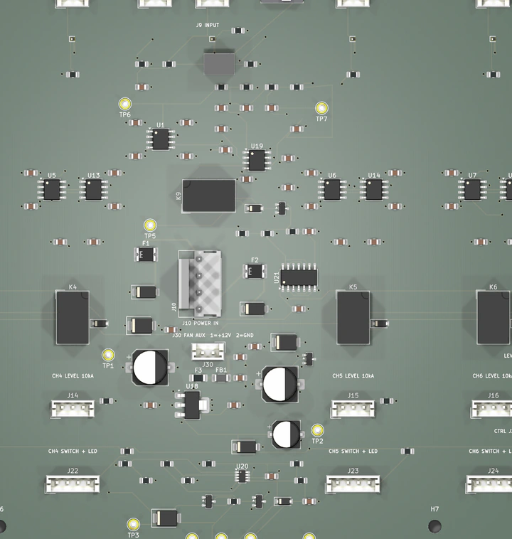 Close 3D render showing fitted Littelfuse parts at F1 and F2 and the J30 fan auxiliary header on BD-CORE Revision E